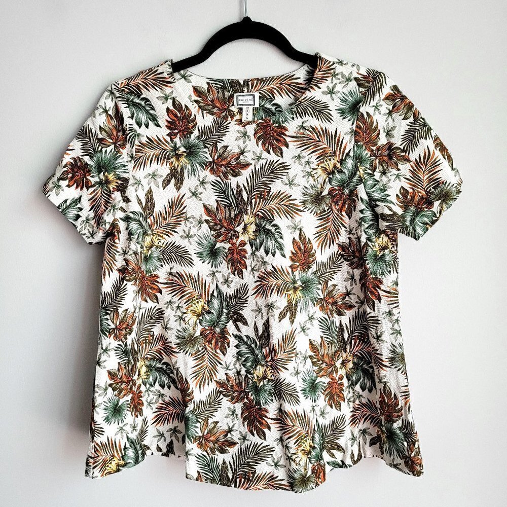 Mo:Vint Cream Floral Leaves Linen Cotton Blend Vintage Boho Swing Flared Top